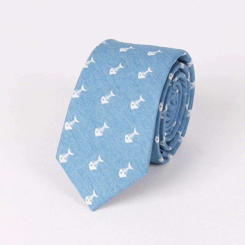 Men's British Style Blue Fish Bone Skull Print Cotton Necktie - Image 10