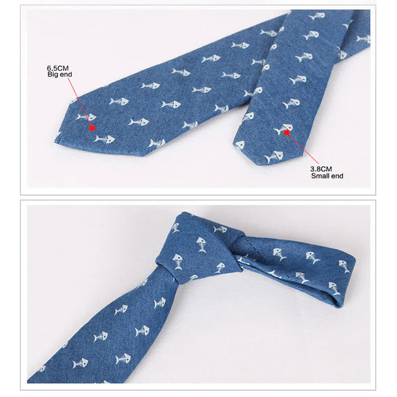 Men's British Style Blue Fish Bone Skull Print Cotton Necktie - Image 11