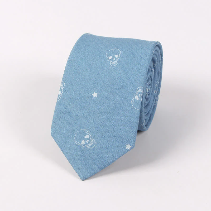Men's British Style Blue Fish Bone Skull Print Cotton Necktie - Image 2