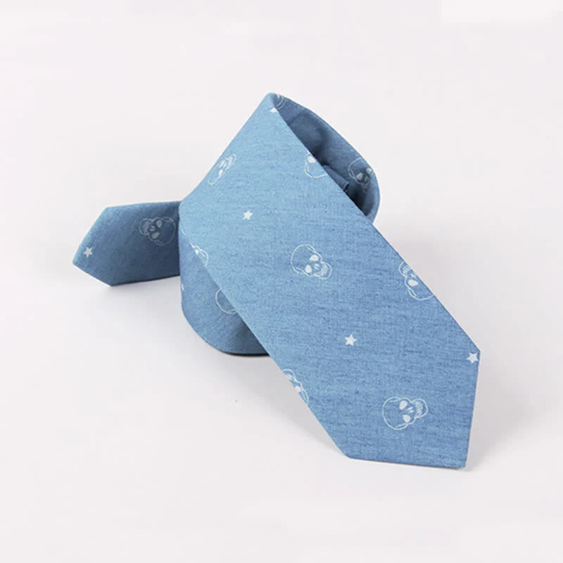 Men's British Style Blue Fish Bone Skull Print Cotton Necktie - Image 3