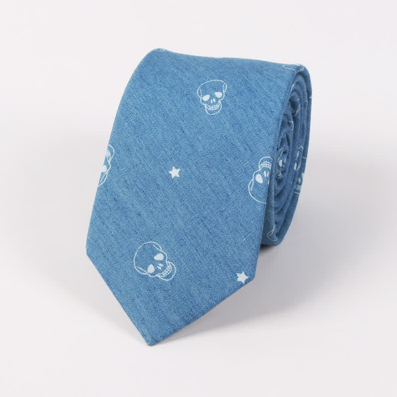 Men's British Style Blue Fish Bone Skull Print Cotton Necktie - Image 4