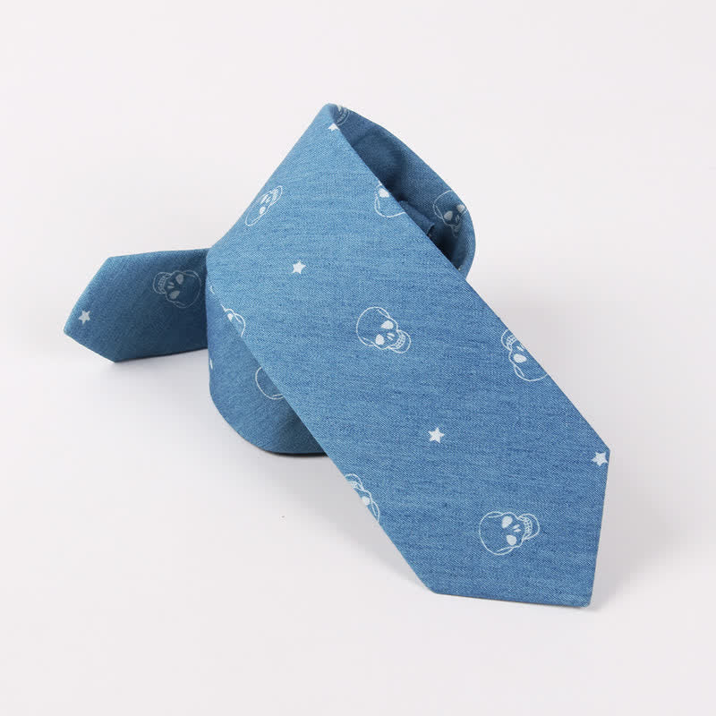 Men's British Style Blue Fish Bone Skull Print Cotton Necktie - Image 5