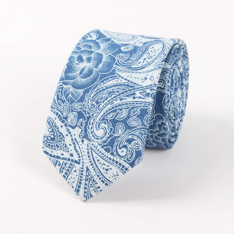 Men's British Style Blue Fish Bone Skull Print Cotton Necktie - Image 6