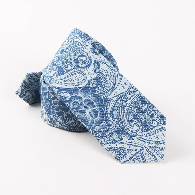 Men's British Style Blue Fish Bone Skull Print Cotton Necktie - Image 7