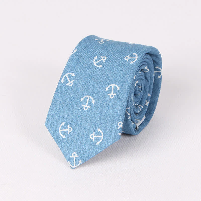 Men's British Style Blue Fish Bone Skull Print Cotton Necktie - Image 8