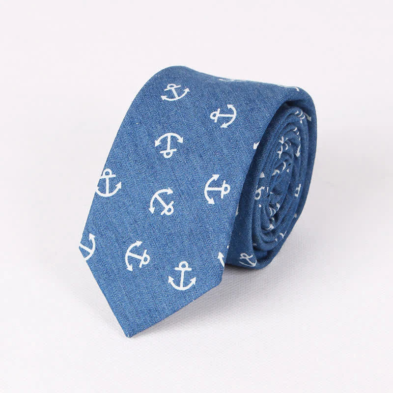 Men's British Style Blue Fish Bone Skull Print Cotton Necktie - Image 9