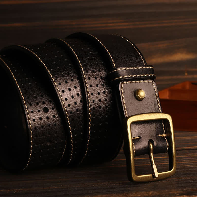 Men's British Style Hand-Stitched Perforated Leather Belt - Image 4