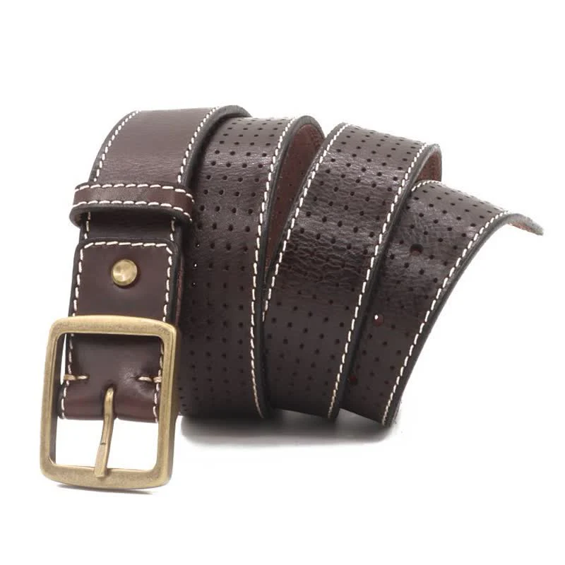 Men's British Style Hand-Stitched Perforated Leather Belt - Image 9