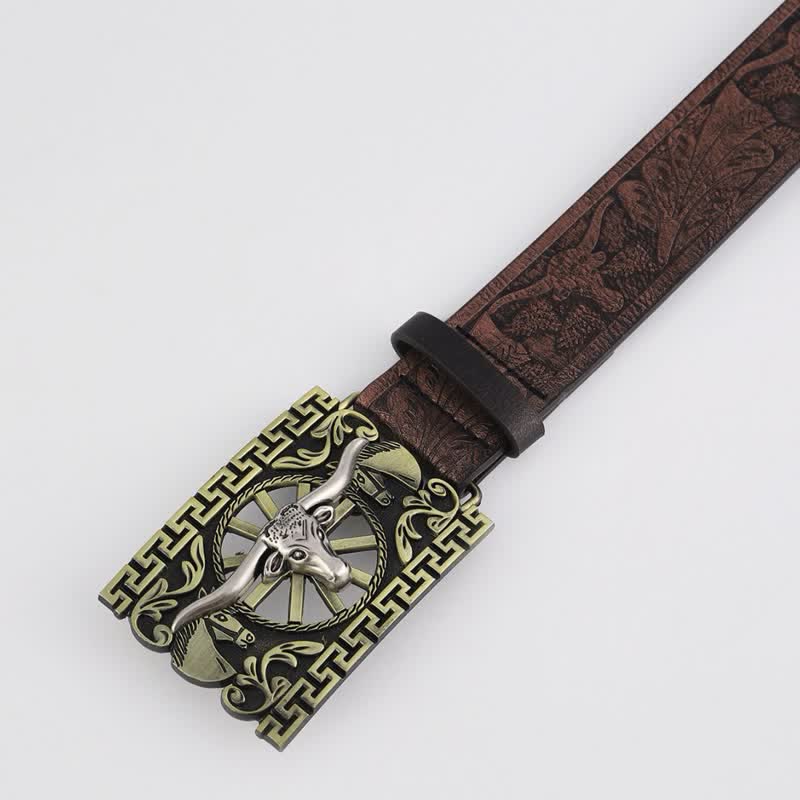 Men's Bronze Hollow Cattle Bull Buckle Leather Belt - Image 2