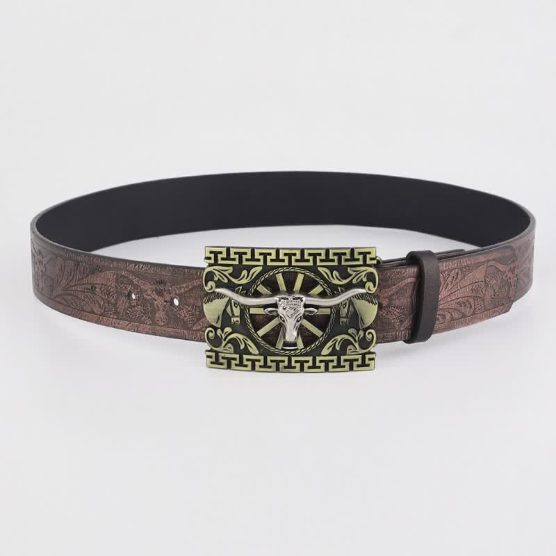 Men's Bronze Hollow Cattle Bull Buckle Leather Belt - Image 3