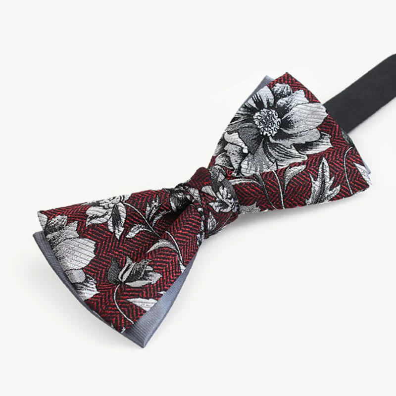Men's Brugundy & Gray Peony Double Layers Bow Tie - Image 2