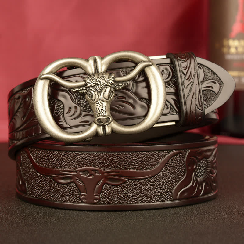 Men's Double Ring Bull Automatic Buckle Leather Belt - Image 19