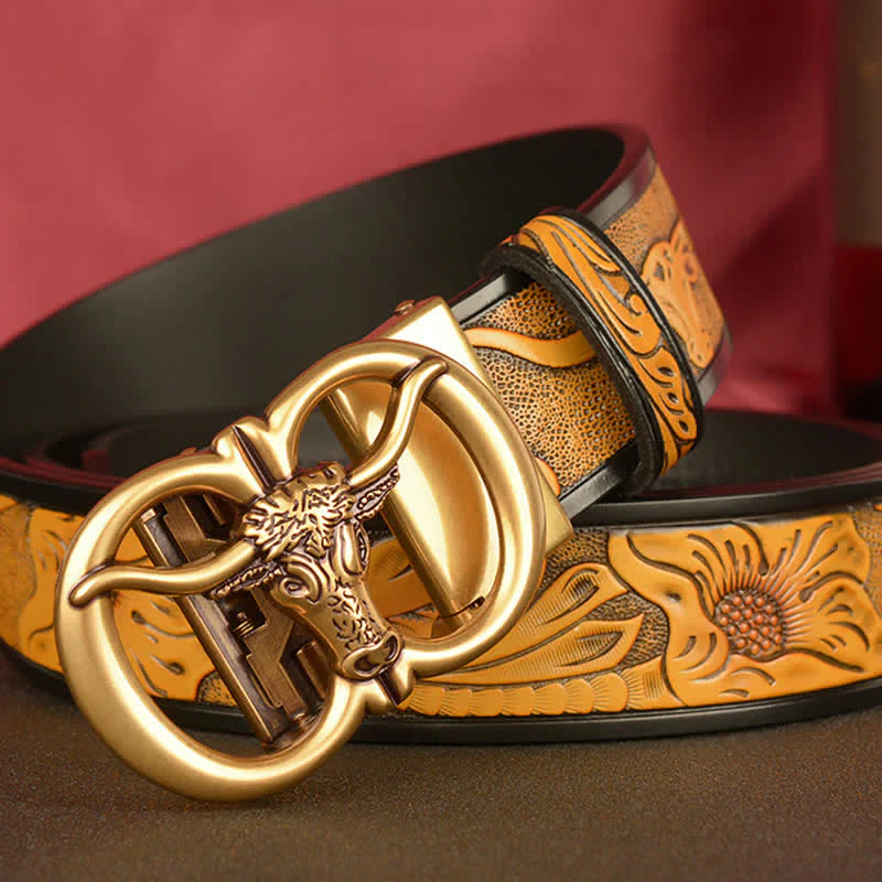 Men's Double Ring Bull Automatic Buckle Leather Belt - Image 5