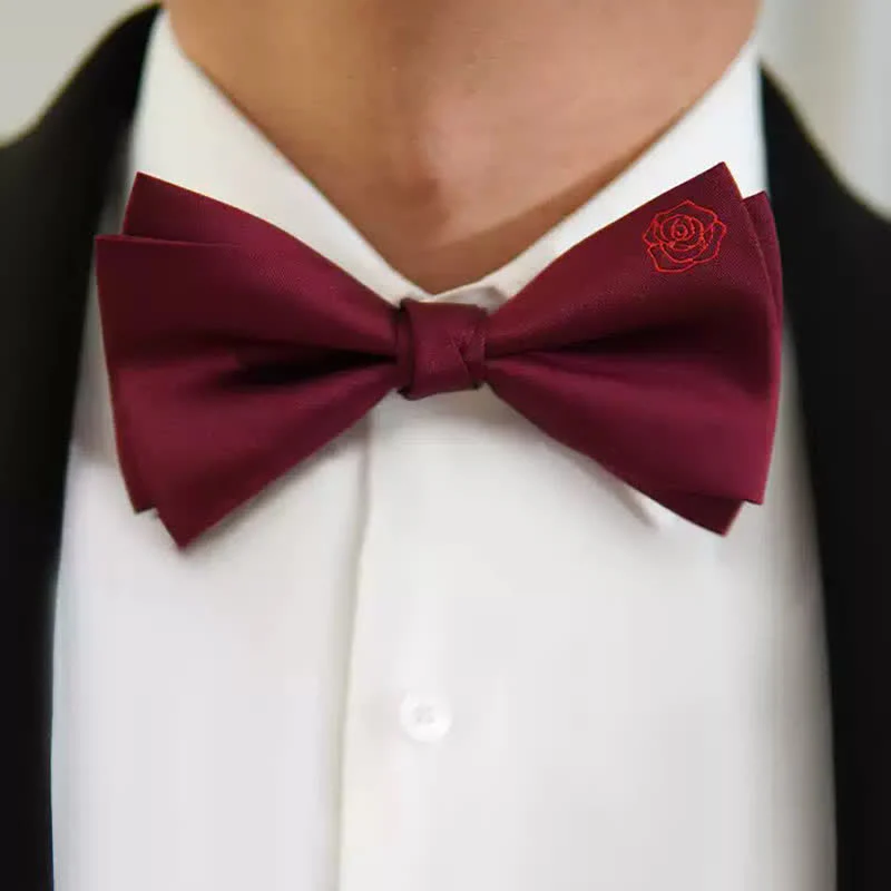 Men's Bugundy Rose Embroidery Handkerchief Bow Tie - Image 2