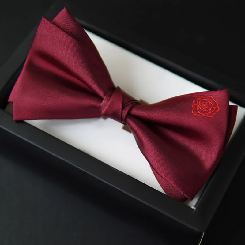 Men's Bugundy Rose Embroidery Handkerchief Bow Tie - Image 5