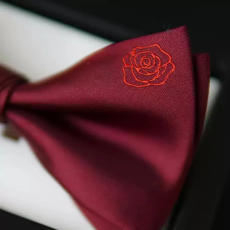 Men's Bugundy Rose Embroidery Handkerchief Bow Tie - Image 6