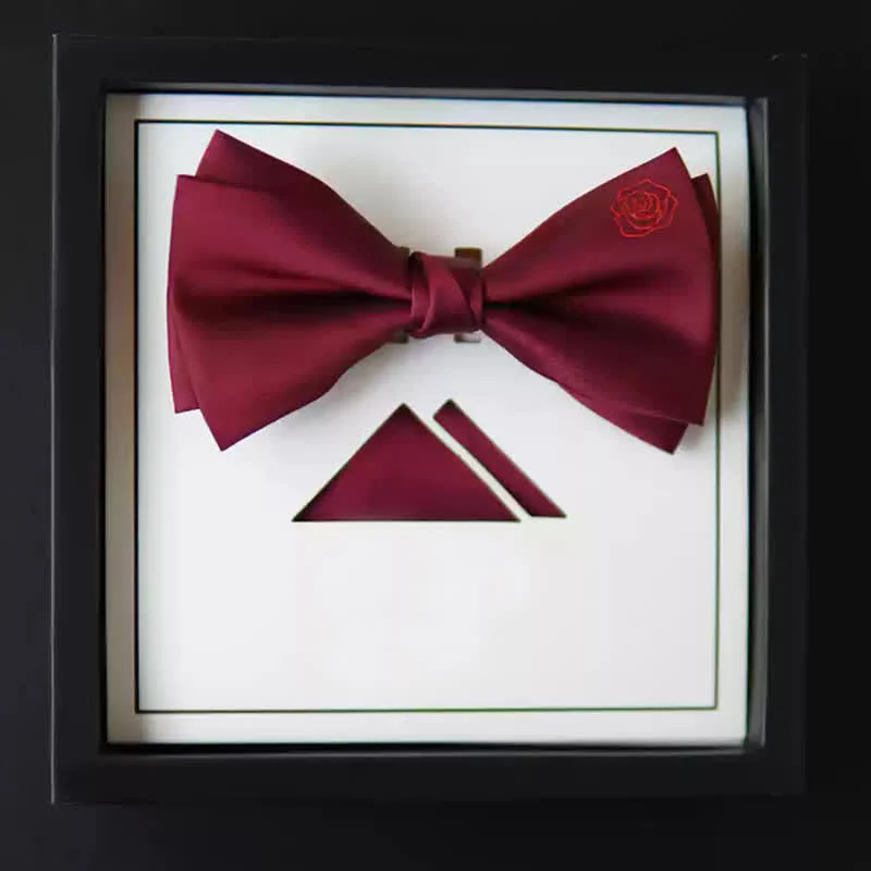 Men's Bugundy Rose Embroidery Handkerchief Bow Tie - Image 7