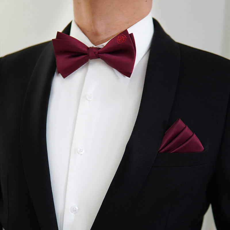 Men's Bugundy Rose Embroidery Handkerchief Bow Tie - Image 8