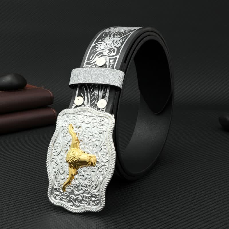 Men's Bull Black Silver Floral Embossed Print Leather Belt - Image 2