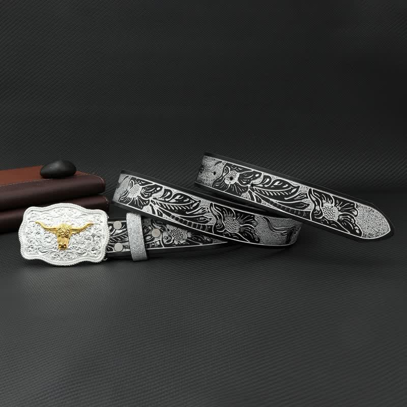 Men's Bull Black Silver Floral Embossed Print Leather Belt - Image 3