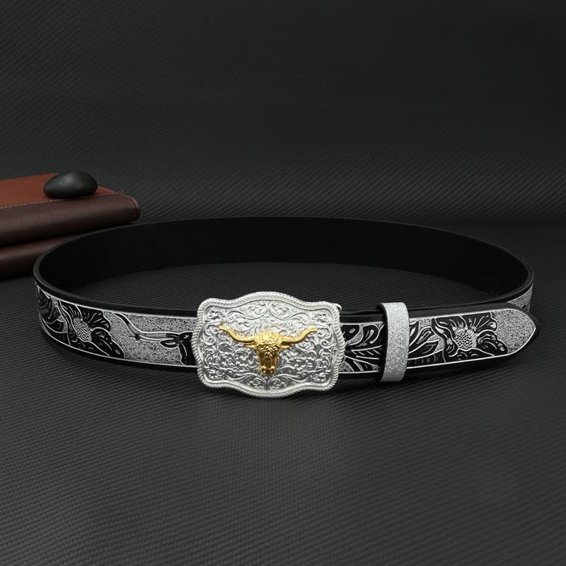 Men's Bull Black Silver Floral Embossed Print Leather Belt - Image 4