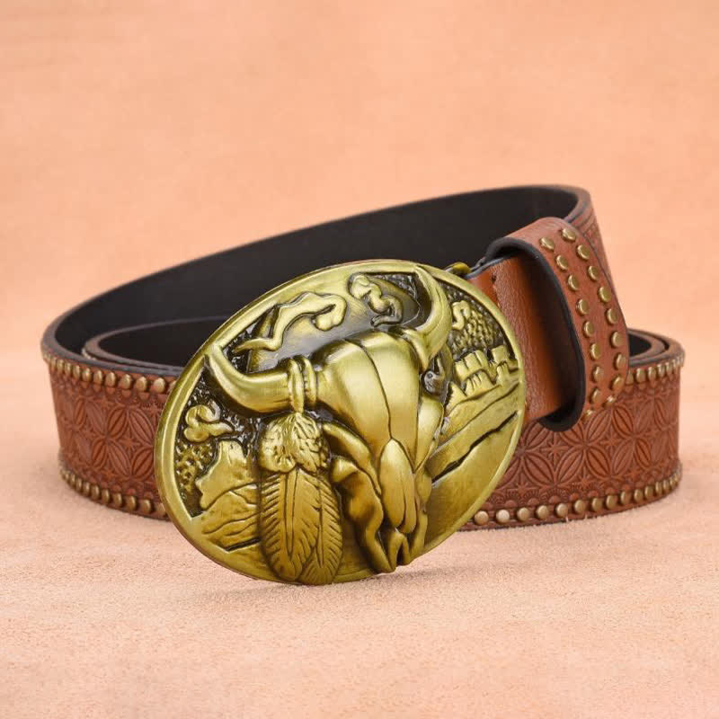 Men's Bull Head Buckle Rivet Decor Leather Belt - Image 13