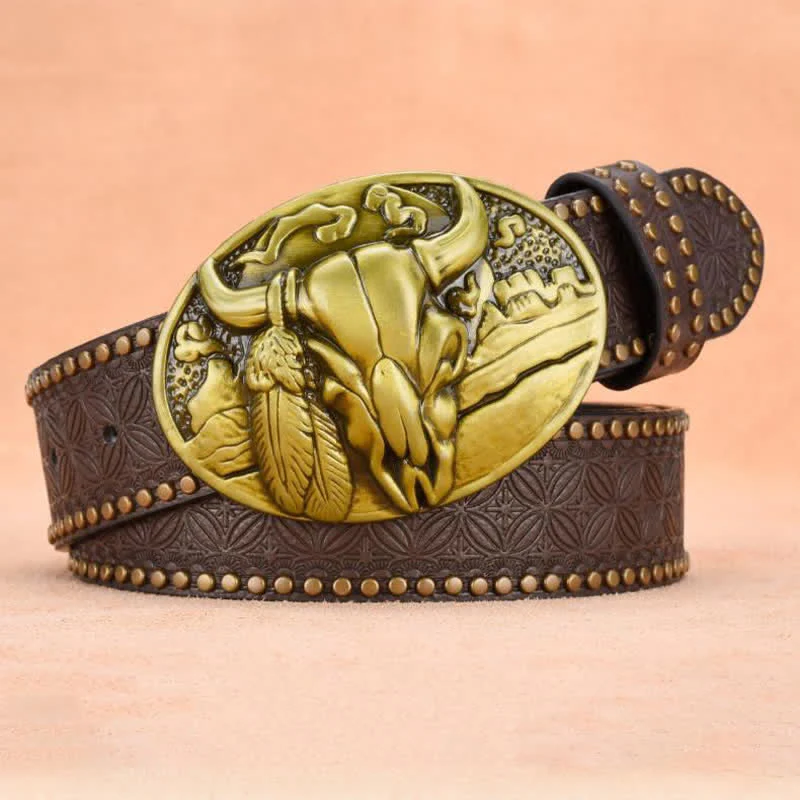 Men's Bull Head Buckle Rivet Decor Leather Belt - Image 3