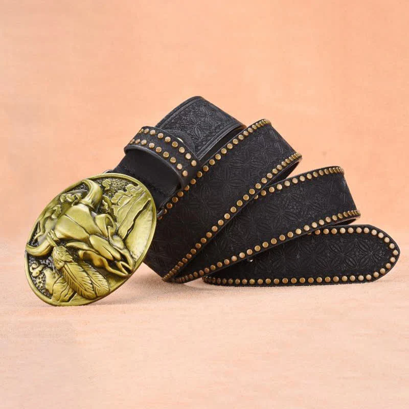Men's Bull Head Buckle Rivet Decor Leather Belt - Image 8