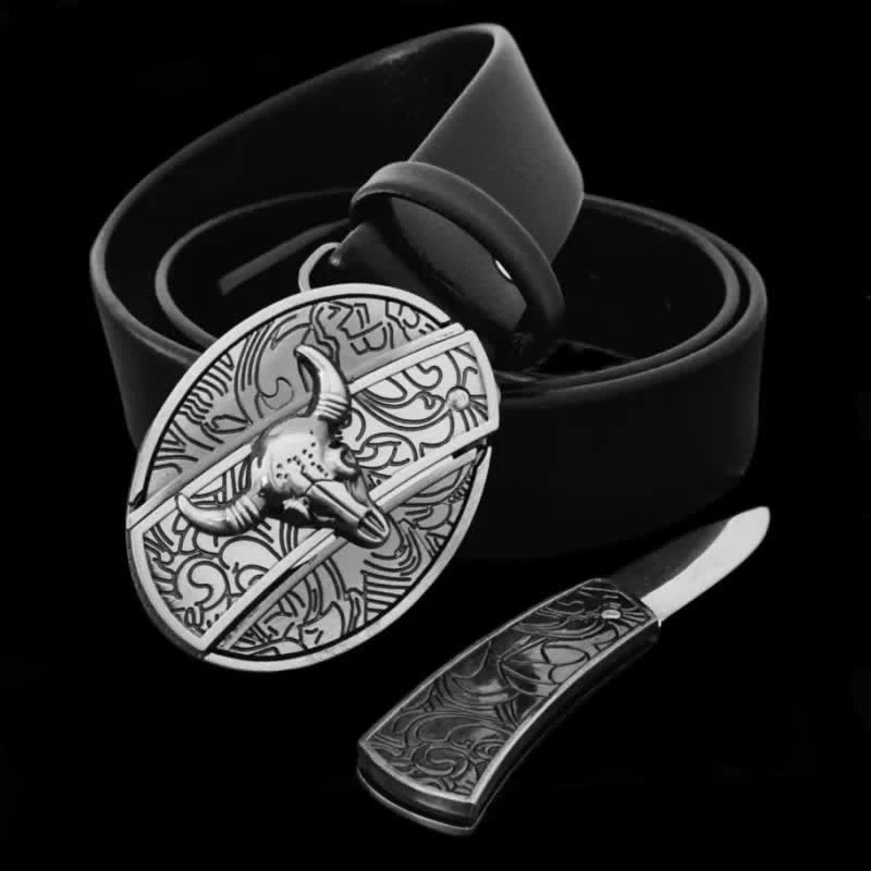 Men's Bull Head Leather Belt With Folding Knife - Image 5