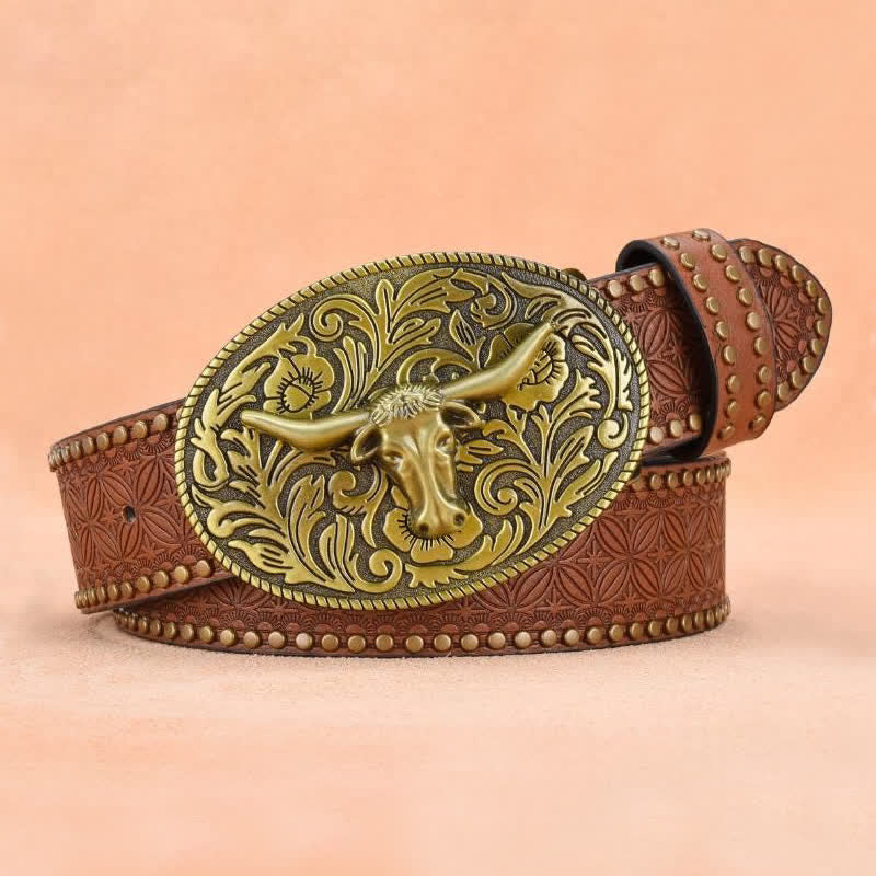 Men's Bull Head Rivet Embossed Leather Belt - Image 3