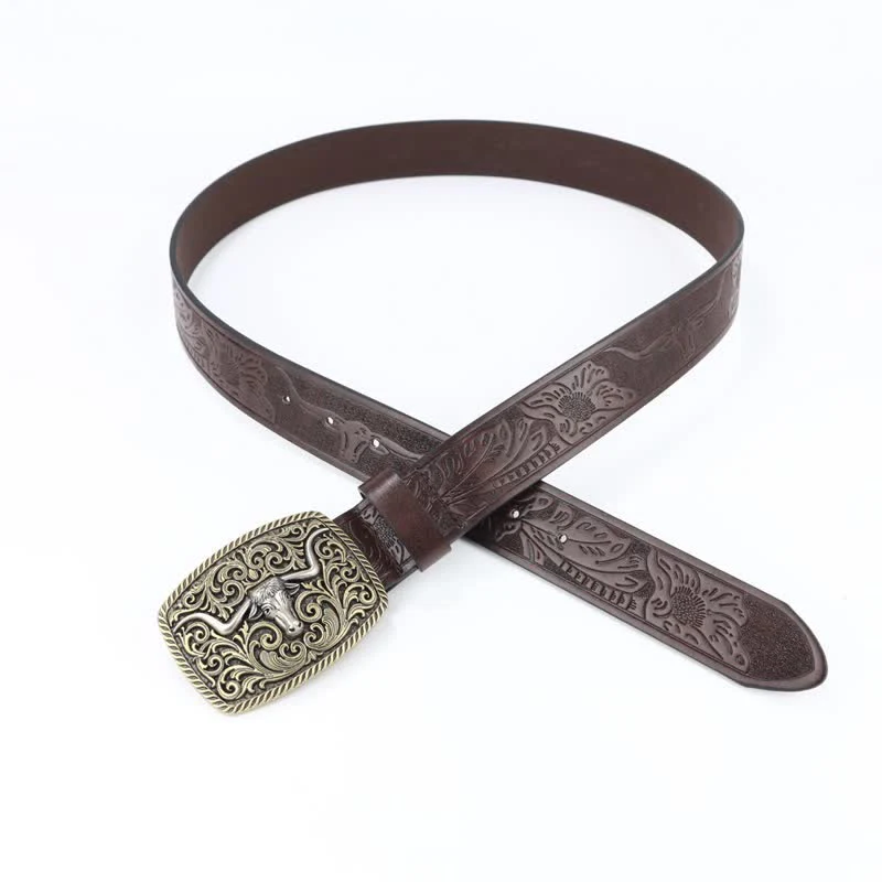 Men's Bronze Bull Pattern Floral Engraved Leather Belt - Image 10