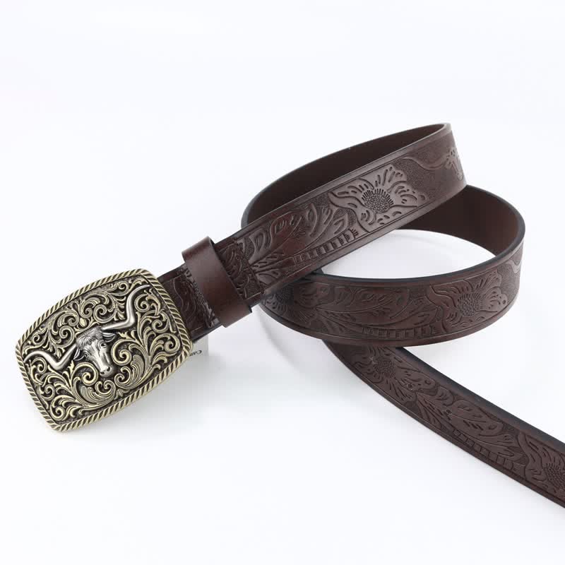 Men's Bronze Bull Pattern Floral Engraved Leather Belt - Image 11