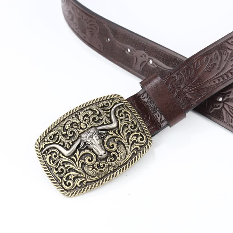 Men's Bronze Bull Pattern Floral Engraved Leather Belt - Image 12