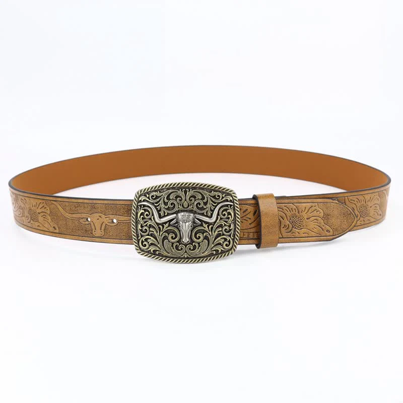 Men's Bronze Bull Pattern Floral Engraved Leather Belt - Image 2