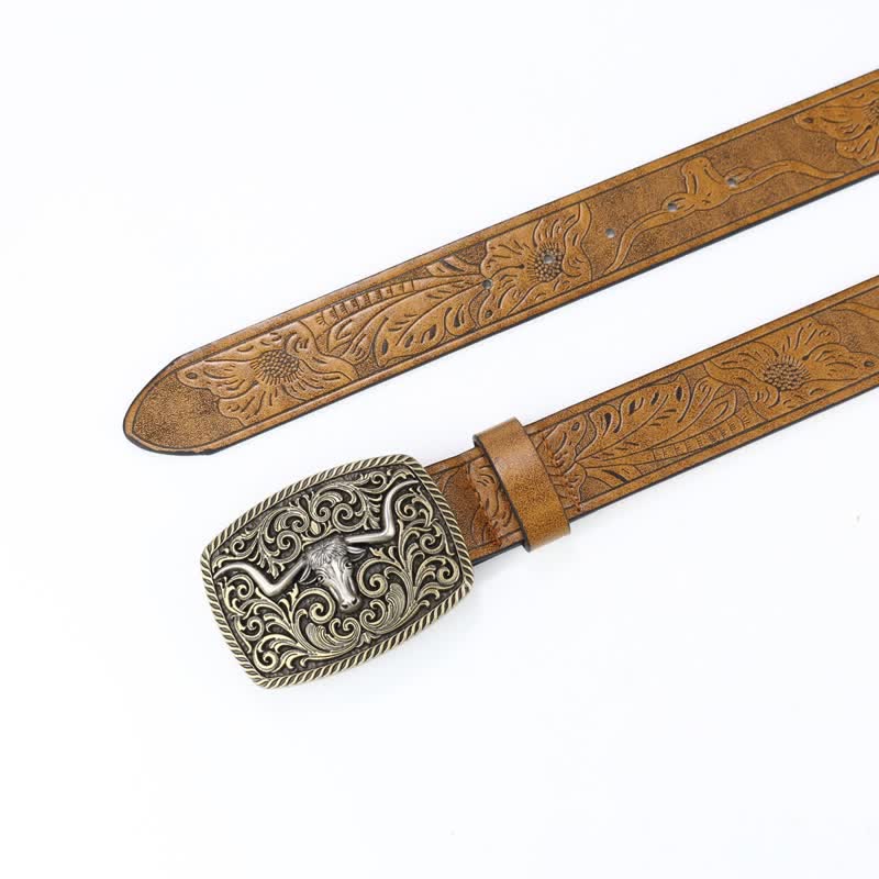 Men's Bronze Bull Pattern Floral Engraved Leather Belt - Image 3
