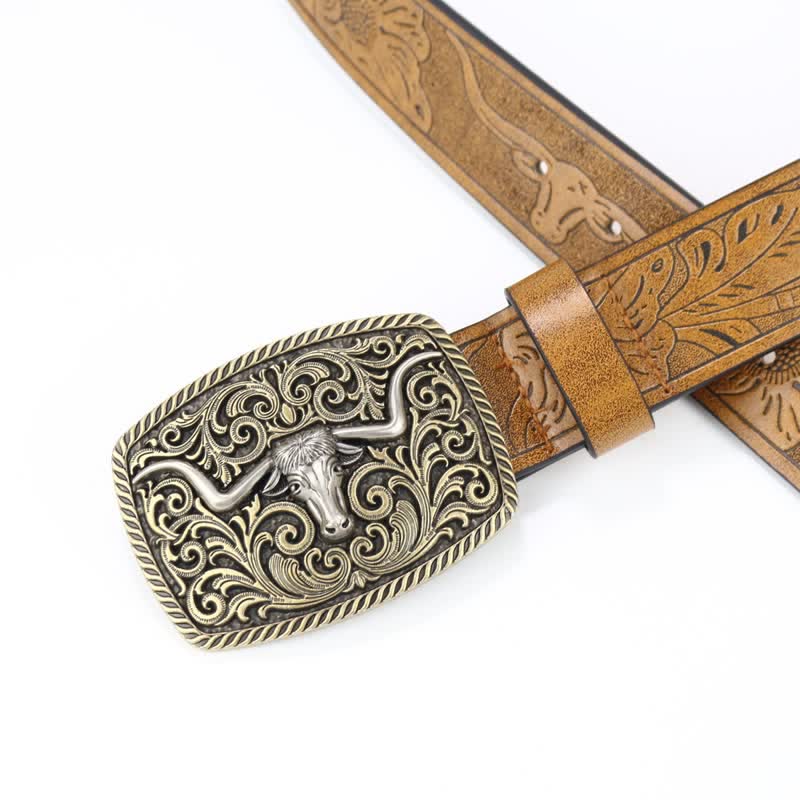 Men's Bronze Bull Pattern Floral Engraved Leather Belt - Image 6