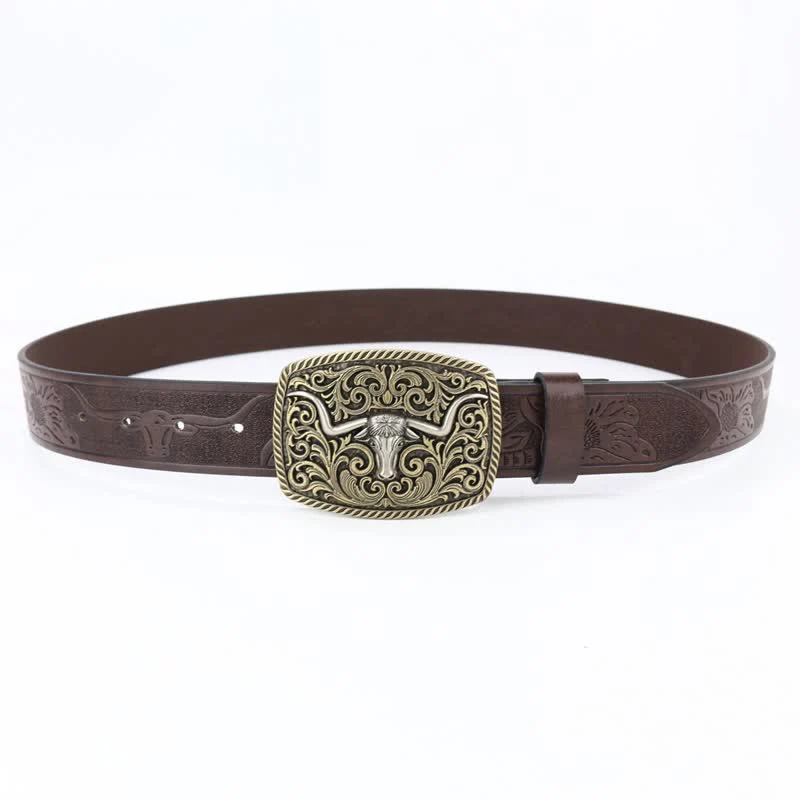 Men's Bronze Bull Pattern Floral Engraved Leather Belt - Image 8