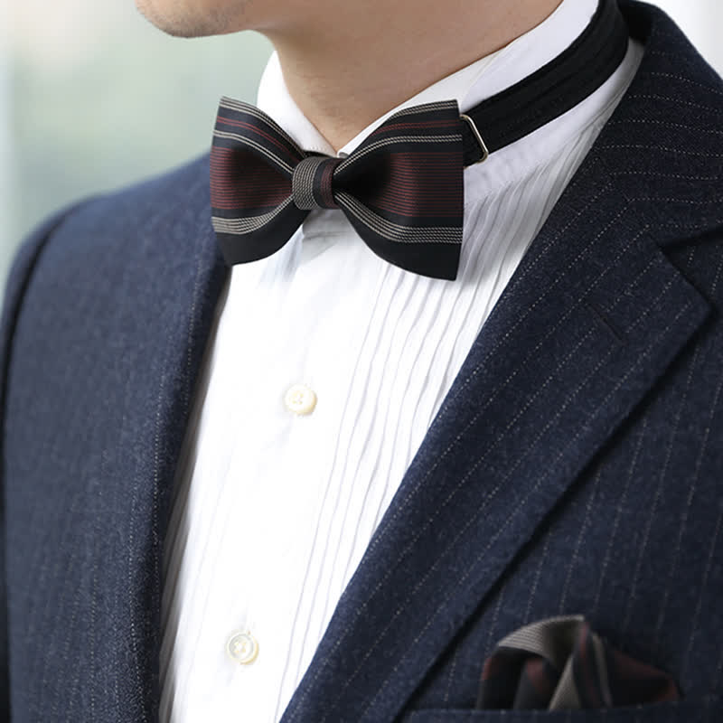 Men's Burgundy & Black Striped Formal Bow Tie - Image 8