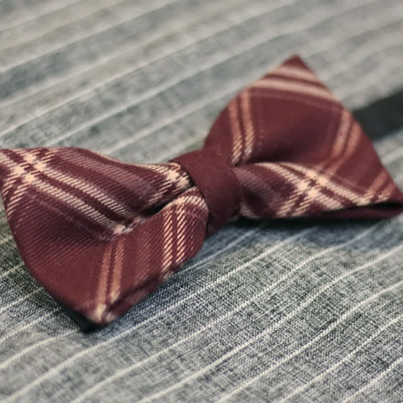 Men's Burgundy British Style Plaid Cotton Bow Tie - Image 2