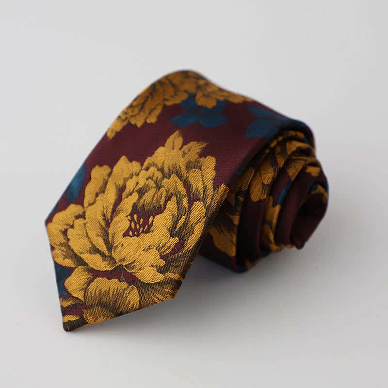 Men's Burgundy & Gold Chrysanthemum Floral Necktie - Image 2