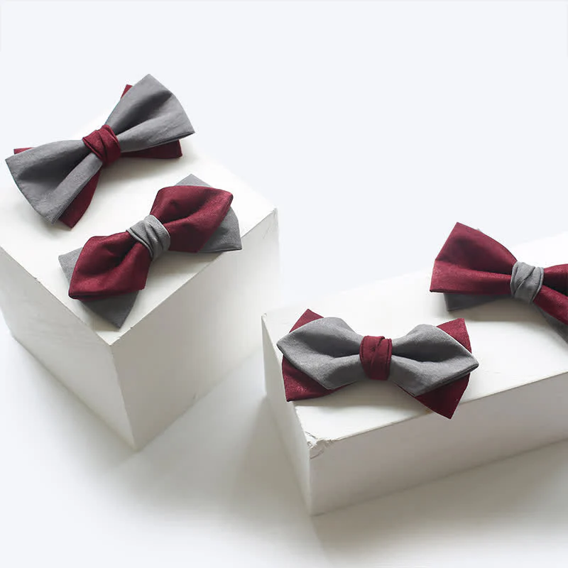 Men's Burgundy & Gray Double Layered Bow Tie - Image 2