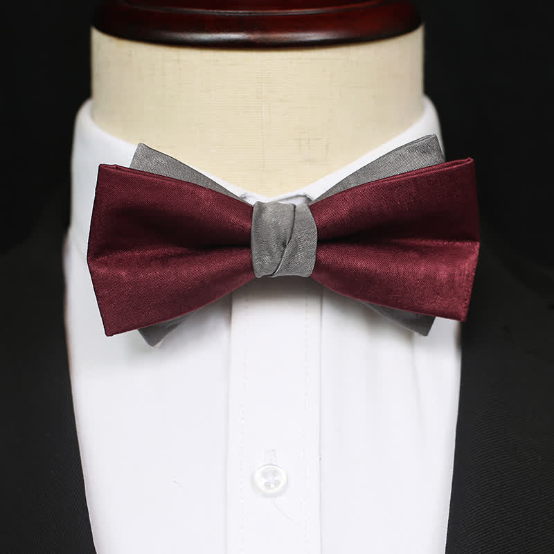 Men's Burgundy & Gray Double Layered Bow Tie - Image 3