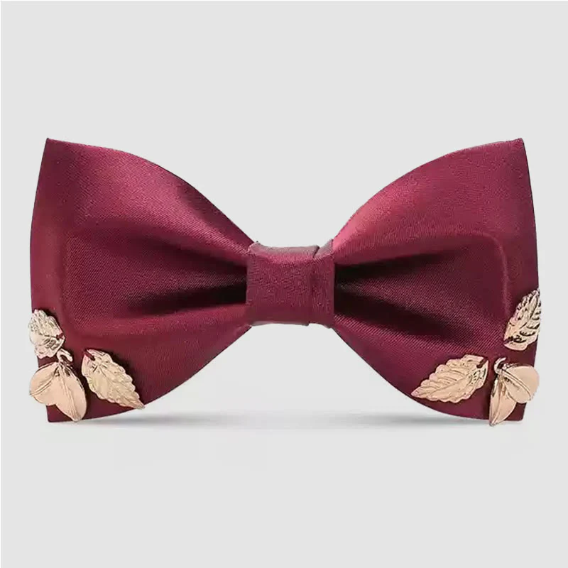 Men's Burgundy Metal Leaves Embellishment Bow Tie