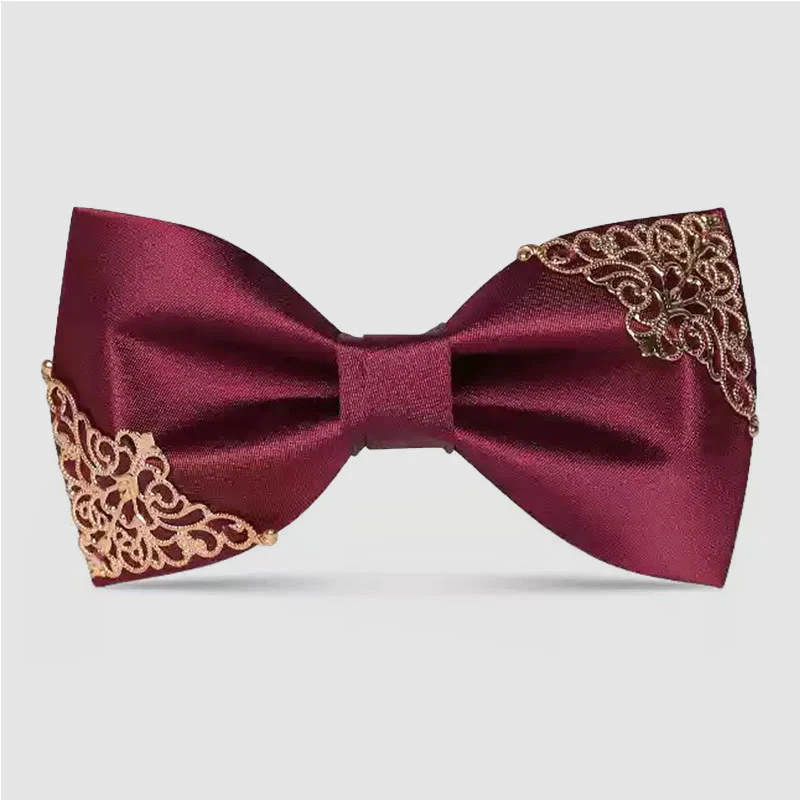 Men's Burgundy Metal Leaves Embellishment Bow Tie - Image 10