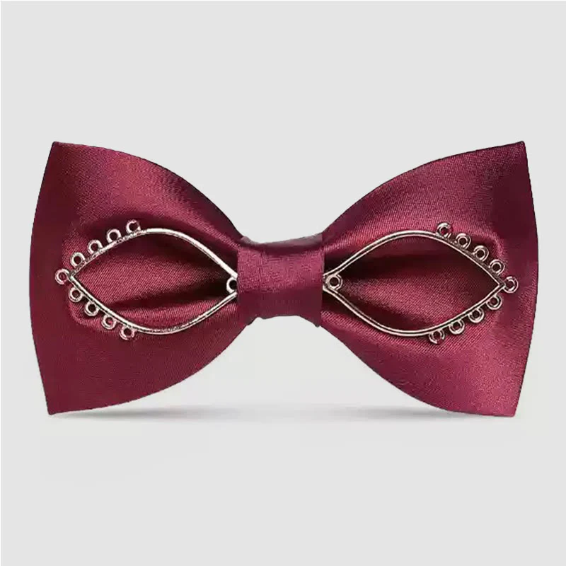 Men's Burgundy Metal Leaves Embellishment Bow Tie - Image 11
