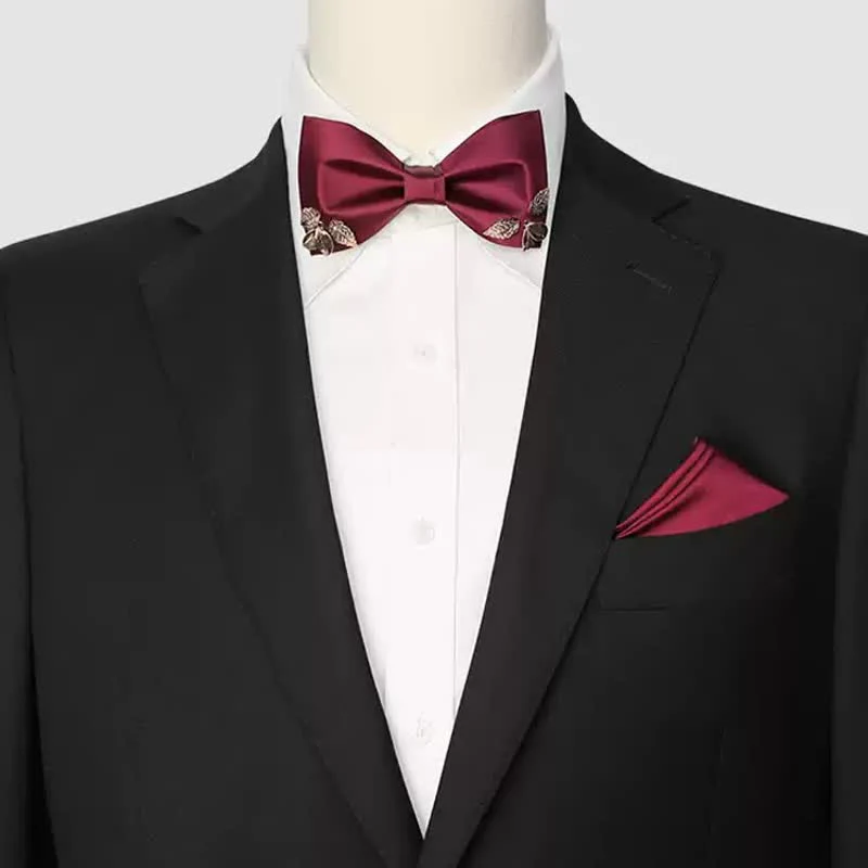 Men's Burgundy Metal Leaves Embellishment Bow Tie - Image 2