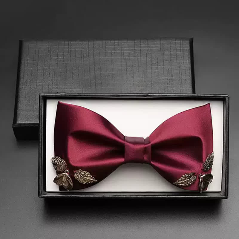 Men's Burgundy Metal Leaves Embellishment Bow Tie - Image 3