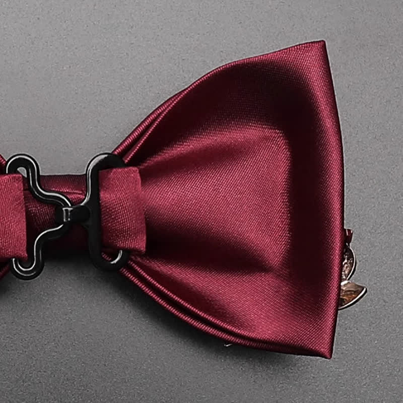 Men's Burgundy Metal Leaves Embellishment Bow Tie - Image 6