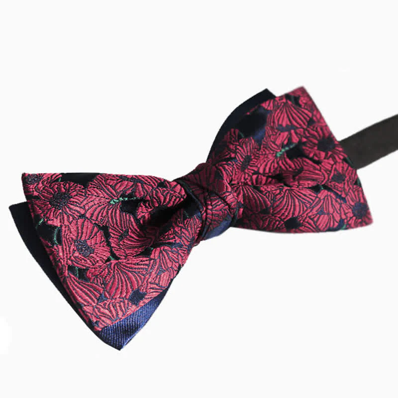 Men's Burgundy & Navy Full Flowers Pattern Bow Tie - Image 2