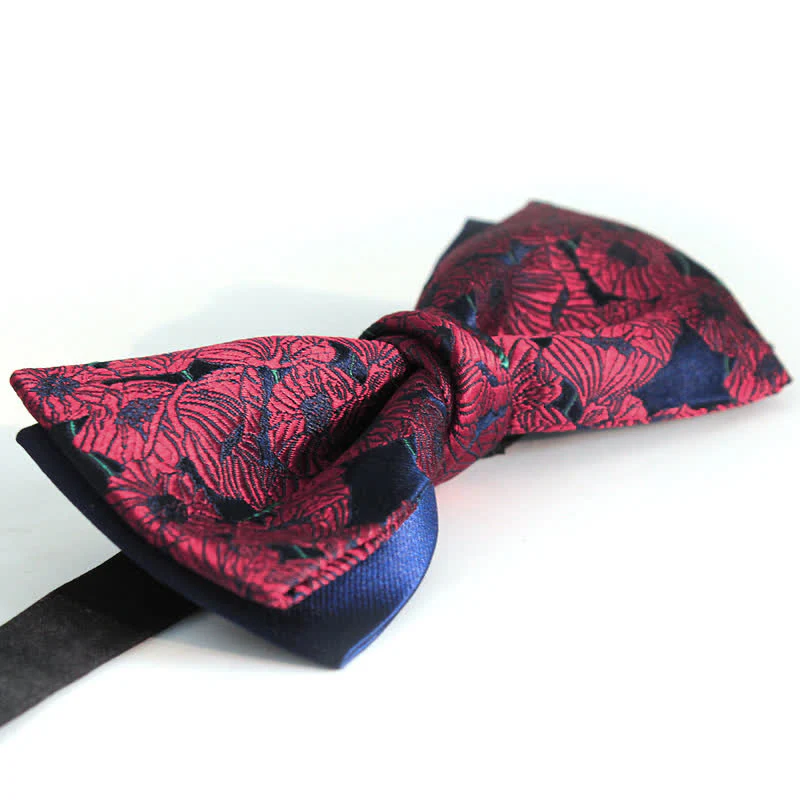 Men's Burgundy & Navy Full Flowers Pattern Bow Tie - Image 3